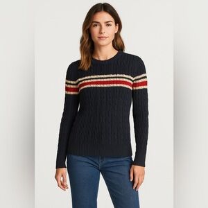 Tommy Hilfiger Navy Cable Knit Stripe Sweater Preppy Old Money Size M